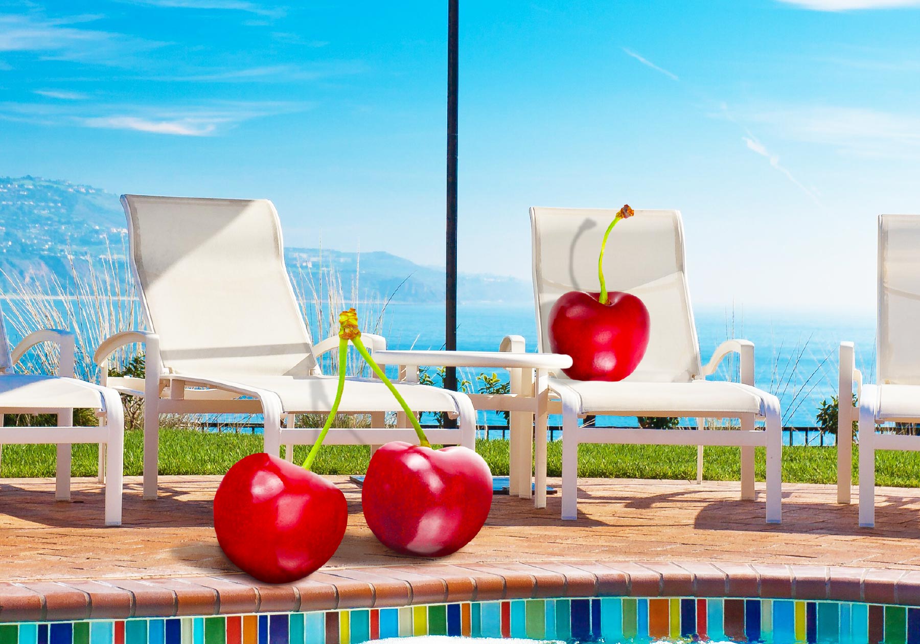 Cherries relaxing by the pool in the sun